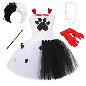 IDOPIP Déguisement Cruella Deville Enfant Fille 101 Dalmatiens Tutu Robe en Tulle avec Accessoires pour Halloween Cosplay Fêt