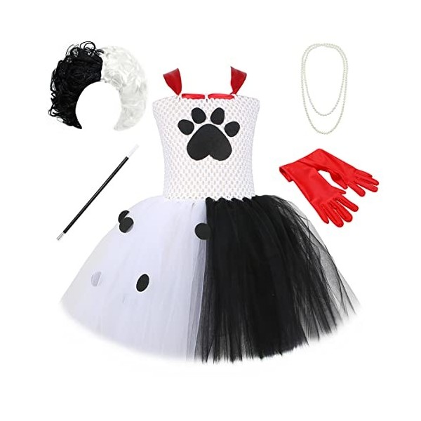 IDOPIP Déguisement Cruella Deville Enfant Fille 101 Dalmatiens Tutu Robe en Tulle avec Accessoires pour Halloween Cosplay Fêt