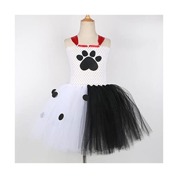 IDOPIP Déguisement Cruella Deville Enfant Fille 101 Dalmatiens Tutu Robe en Tulle avec Accessoires pour Halloween Cosplay Fêt