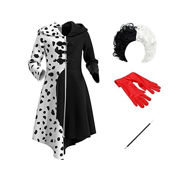 IMEKIS Déguisement Cruella Fille Reine du Mal Robe Dalmate Robe Noire Blanc Avec des Gants Perruque Porte Personnage de Film 