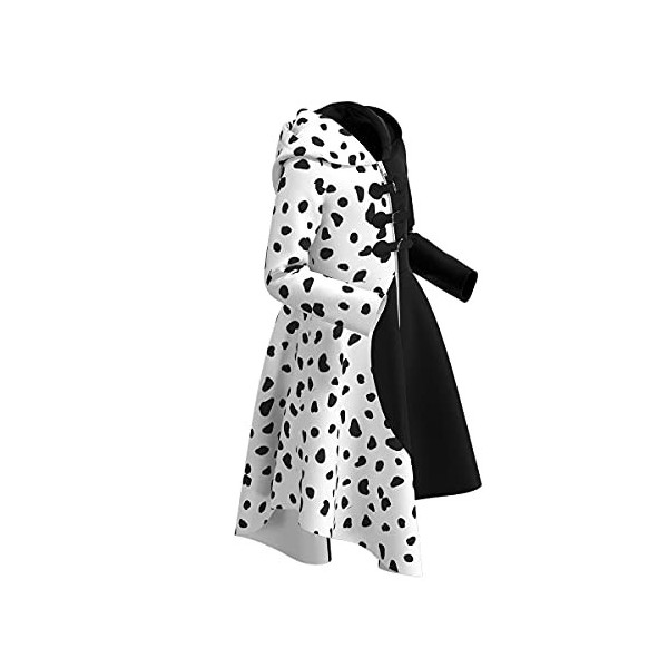 IMEKIS Déguisement Cruella Fille Reine du Mal Robe Dalmate Robe Noire Blanc Avec des Gants Perruque Porte Personnage de Film 