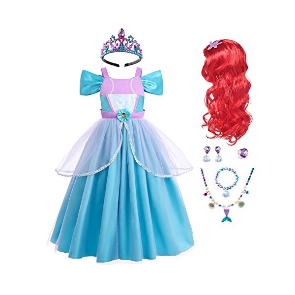 Odizli Costume de sirène fille enfant princesse robe+accessoires+perruque Halloween Noël carnaval anniversaire cosplay, bleu,