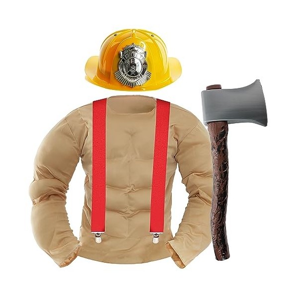 Costume de pompier calendrier pour adultes – Standard – Chemise de poitrine musclé beige, casque de pompier jaune, attelle ro