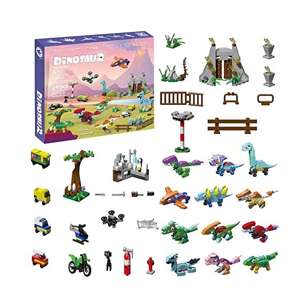 deeyeo Calendrier de lAvent 2022, dinosaures pour calendrier de lAvent Lego 2022, 24 pièces, modèle dinosaure, blocs de con