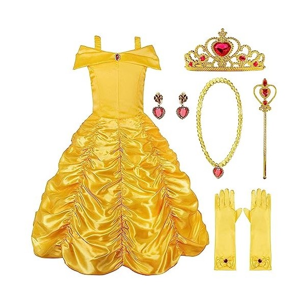 Cnexmin Deguisement Belle Princesse Fille Costume Robe Belle Et La Bete Enfant Princesse Belle Hors éPaule Avec Accessoires P