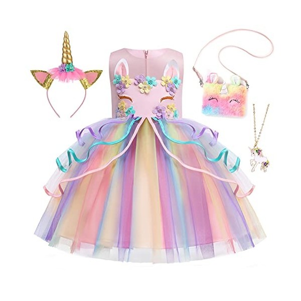Emin Robe Licorne Enfant Fille Deguisement de Princesse Licorne avec Accessoires Robe de Princesse Noël Anniversaire Fête Hal