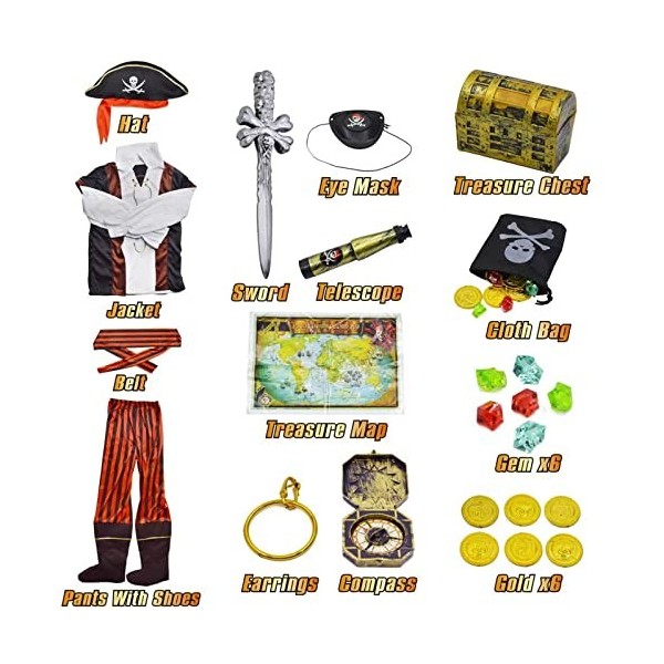 ZUCOS Déguisement Costume de pirate pour enfants - Jeu de rôle - Jouets pirates - Accessoires - Cadeaux danniversaire - Hall