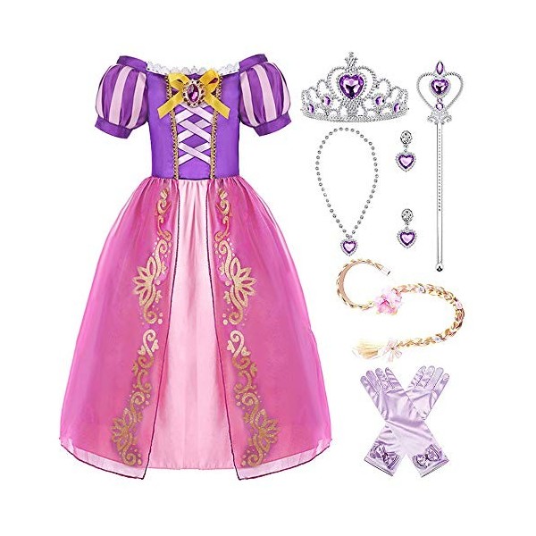 Hamanasu Fille Déguisement Princesse Raiponce Robe Costume Manches Bouffants de fête Robe avec Accessoires（violet01，4Ans/110）