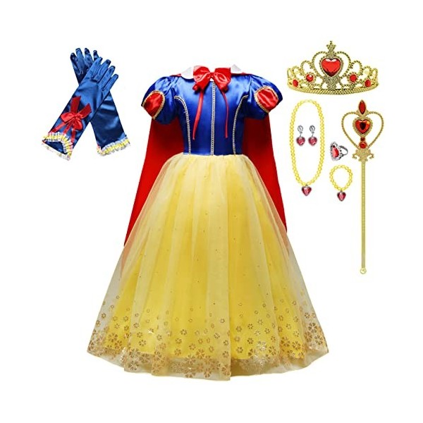 Lito Angels Deguisement Robe Princesse Blanche Neige avec Cape et Accessories Enfant Fille, Costume dhalloween Anniversaire 