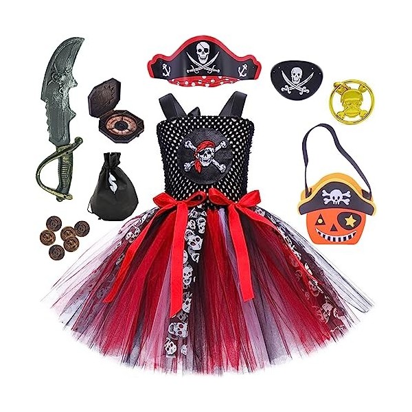 Windskids Déguisement Pirate Enfant Fille avec 8 Pièces Accessoires Cache-œil Chapeau Boucles doreilles Compas Monnaie Sac e