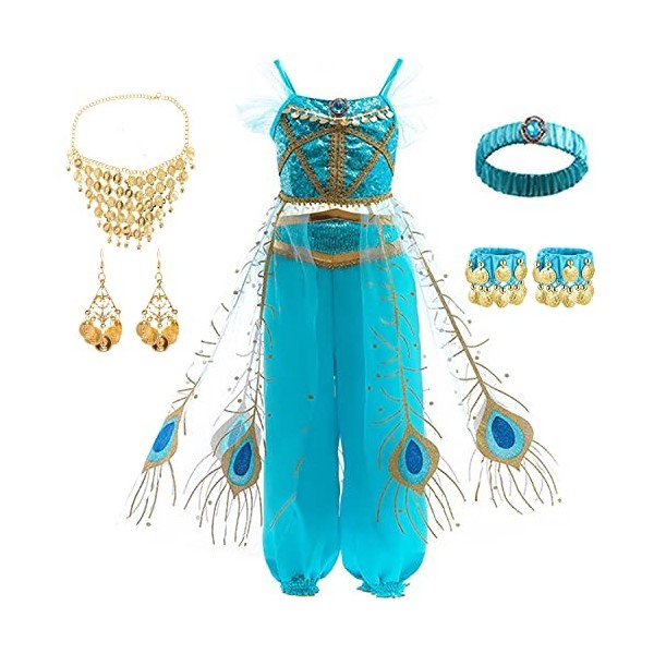 Windskids Princesse Jasmine Déguisement et Accessoires Fille Cosplay Aladdin Costume Danse du Ventre Robe de Princesse Dress 