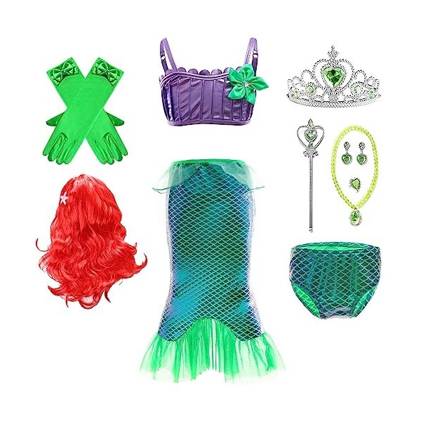 IWFREE Déguisement Petite Sirène avec Accessoires Fille Princesse Ariel Robe de Soirée Fancy Dress Halloween Noël Anniversair