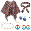 Hicarer 6 Pièces Accessoires de Déguisement Hippie pour Femme Inclure Poncho Bandeau Boucles dOreilles Collier Signe de Paix