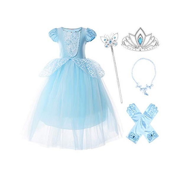 JerrisApparel Fille Robe De Cendrillon Princesse Costume Partie De Fantaisie Habiller 8 Ans, Bleu avec Accessoires 