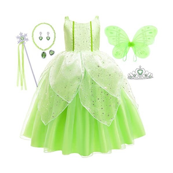 IWFREE Tinkerbell Déguisement Robe avec Ailes pour Filles Dress Up Halloween Carnaval Noël Fancy Fête danniversaire Vert Tul