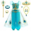 Latocos 9Pcs Jasmine Princesse Deguisement Aladin Costume avec Princesse Couronne Collier Baguette Boucles Doreilles Bagues 