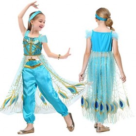 Latocos 9Pcs Jasmine Princesse Deguisement Aladin Costume avec Princesse Couronne Collier Baguette Boucles Doreilles Bagues 