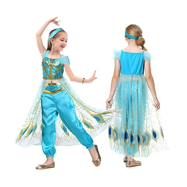 Latocos 9Pcs Jasmine Princesse Deguisement Aladin Costume avec Princesse Couronne Collier Baguette Boucles Doreilles Bagues 