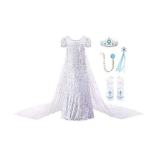 JerrisApparel Robe Costume Petites Filles Princesse Elsa Déguisement 140, Blanc 2 avec Accessoires 