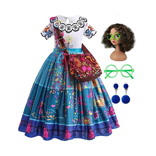 Deguisement Mirabel Encanto Enfant Robe Mirabel Cosplay Costume Avec Sacs Lunettes Perruque et Boucles doreilles Pour Fille 