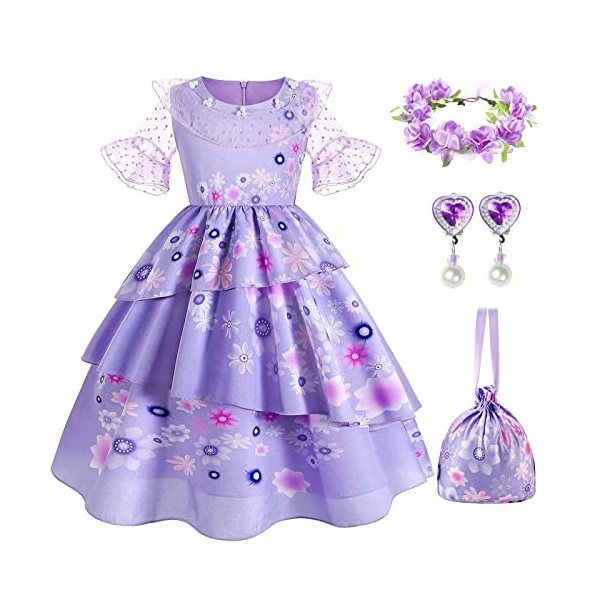 Deguisement Mirabel Encanto Enfant Robe Mirabel Cosplay Costume Avec Sacs Lunettes Perruque et Boucles doreilles Pour Fille 