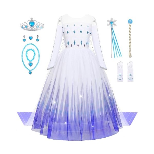 Aoiviss Robe de Princesse Elsa Fille Reine des Neige Déguisement Costume et Accessoires Anniversaire Fête Halloween Noël