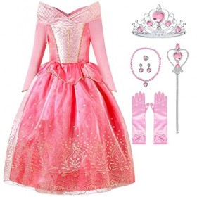 Tyidalin Déguisement Fille Belle au Bois Dormant Princesse Aurore Costume Robe Rose Enfant Anniversaire Halloween Carnaval Fê