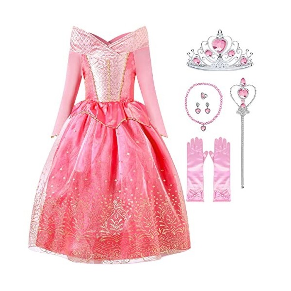 Tyidalin Déguisement Fille Belle au Bois Dormant Princesse Aurore Costume Robe Rose Enfant Anniversaire Halloween Carnaval Fê