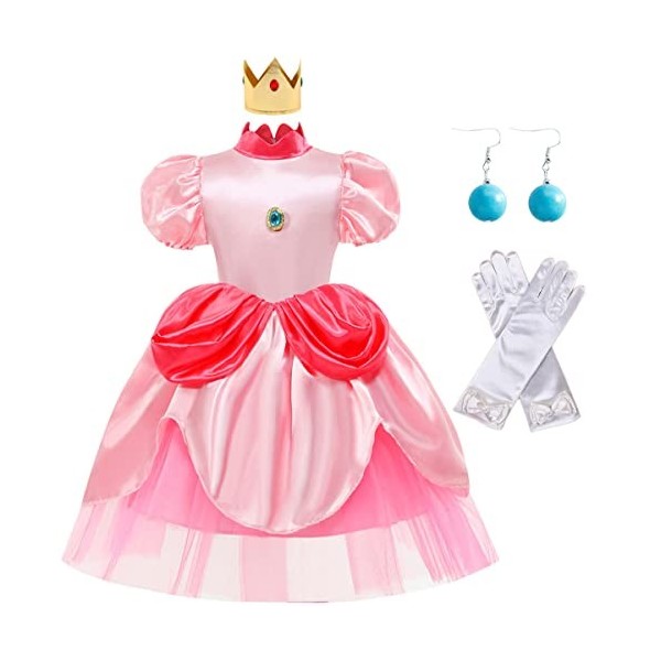 Deleventh Princesse Peach Déguisement Robe et Couronne Fille Rose Robe de Soirée avec Boucles Doreilles Gants Accessoires Co
