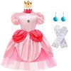 Deleventh Princesse Peach Déguisement Robe et Couronne Fille Rose Robe de Soirée avec Boucles Doreilles Gants Accessoires Co