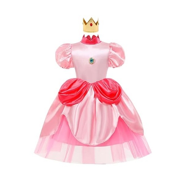 Deleventh Princesse Peach Déguisement Robe et Couronne Fille Rose Robe de Soirée avec Boucles Doreilles Gants Accessoires Co