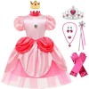 Deleventh Princesse Peach Déguisement Robe et Couronne Fille Rose Robe de Soirée avec Boucles Doreilles Gants Accessoires Co