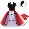 IWEMEK Déguisement Cruella Enfant Fille 101 Dalmatien Costume sans manches tricoté Tutu robe avec perruque gants accessoires 