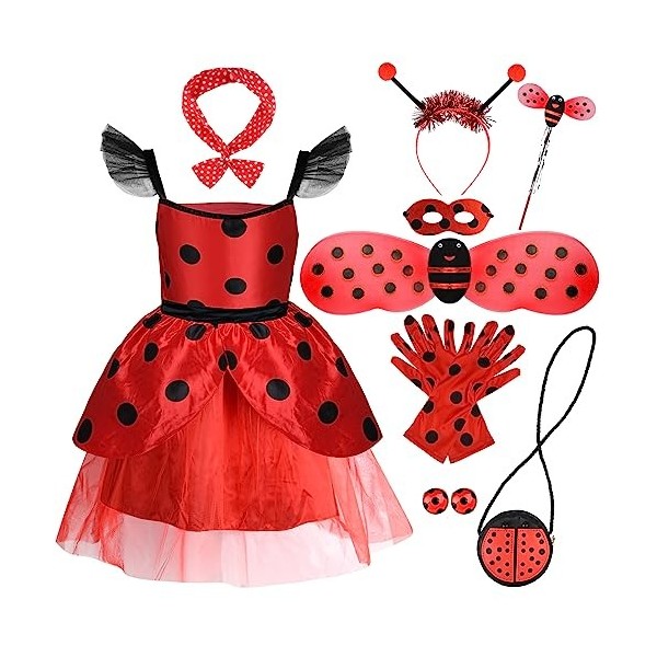 PLULON Costume de coccinelle avec accessoires pour enfants, adorable robe tutu à pois avec sac, bandeau, gants, ailes, jeu de