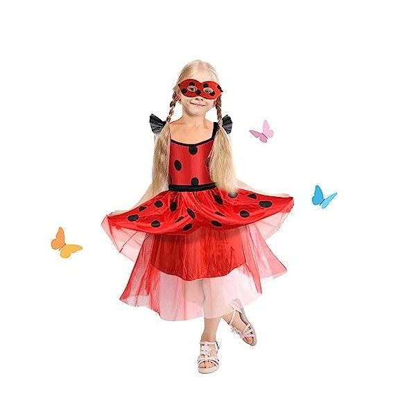 PLULON Costume de coccinelle avec accessoires pour enfants, adorable robe tutu à pois avec sac, bandeau, gants, ailes, jeu de