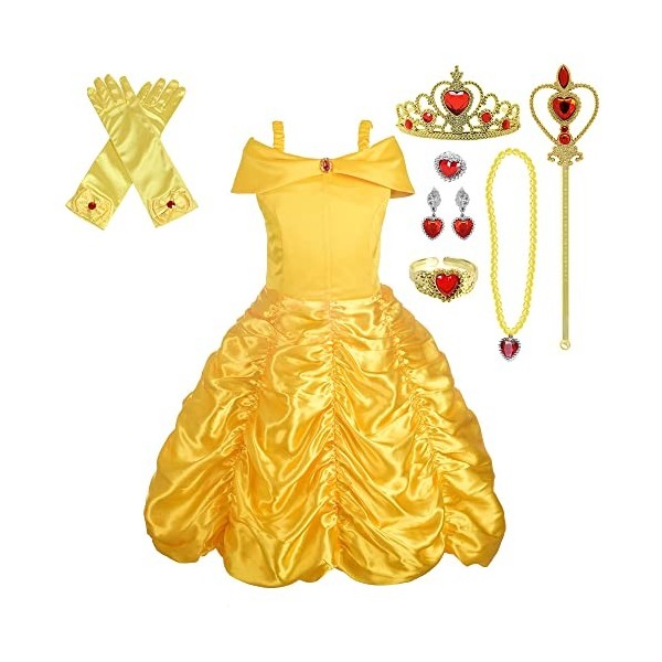 Lito Angels Deguisement Robe Costume Princesse Belle avec Accessoires Enfant Fille, Taille 5-6 ans, Jaune, A
