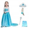 Costume Elsa Fleur avec accessoires – Couronne – Baguette – Gants – Tresse – Fille – Reine des neiges – Bleu – Déguisement – 
