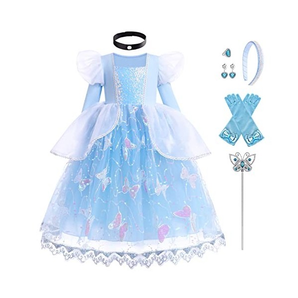 IMEKIS Filles Cendrillon Aurore Costume Princesse Fantaisie Halloween Carnaval Cosplay Habiller Robe en Tulle à Volants Fleur