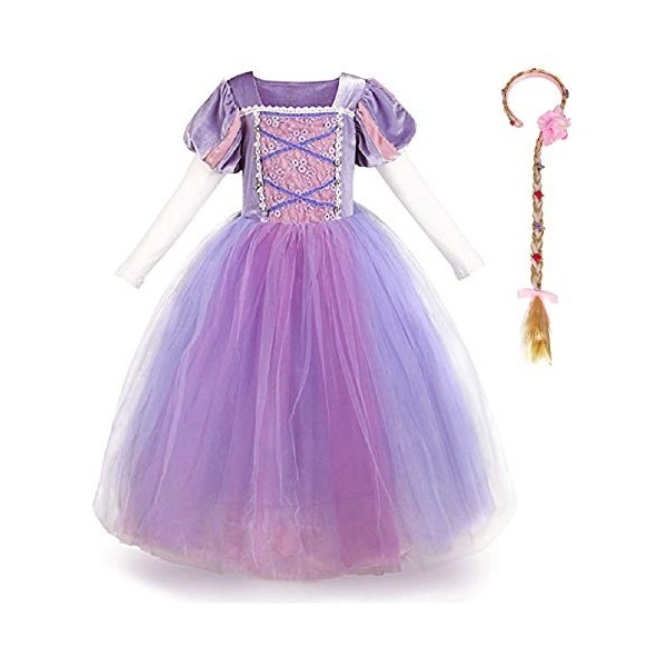 IMEKIS Costume de princesse Raiponce Sofia à manches longues bouffantes pour filles - Pour carnaval, cosplay - Avec accessoir