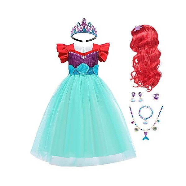 Odizli Costume de sirène fille enfant princesse robe+accessoires+perruque Halloween Noël carnaval anniversaire cosplay, rouge