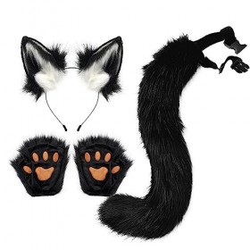 Katutude Ensemble Bandeau Oreilles de Chat Cosplay Costume avec Queue de Renard Et Gants, Oreilles danimaux Bandeau Queue de