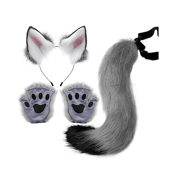 Katutude Ensemble Bandeau Oreilles de Chat Cosplay Costume avec Queue de Renard Et Gants, Oreilles danimaux Bandeau Queue de
