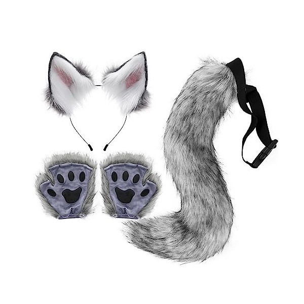 Katutude Ensemble Bandeau Oreilles de Chat Cosplay Costume avec Queue de Renard Et Gants, Oreilles danimaux Bandeau Queue de