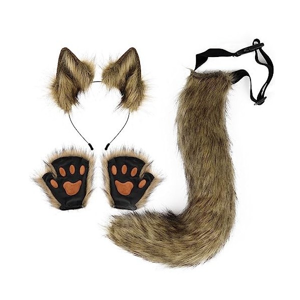 Katutude Ensemble Bandeau Oreilles de Chat Cosplay Costume avec Queue de Renard Et Gants, Oreilles danimaux Bandeau Queue de