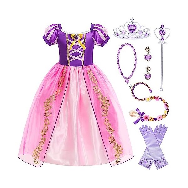 Cnexmin Fille Déguisement Princesse Raiponce Robe de Princesse Raiponce Costume avec Accessoires Anniversaire Noël Halloween 