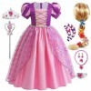 Latocos Costume de Raiponce Déguisement Princesse Fille avec Manches Bouffantes Jupe Perruque Papillon Broche Couronne Access