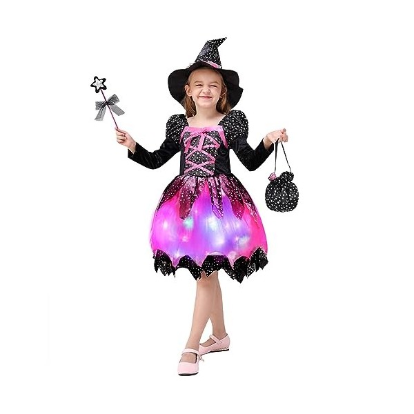 FORMIZON Costume Déguisement de Sorcière Fille, Fille Sorcière Costume avec Lumières, LED Robe de Sorcière Enfant, Chapeau de