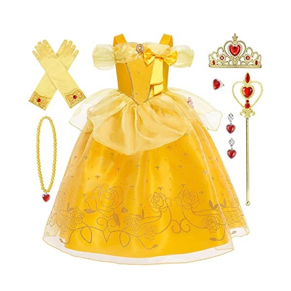 AYIMEIS Fille Déguisement de Princesse Belle avec Accessoires Robe de La Belle et La Bête Enfant Princesse Costume Anniversai