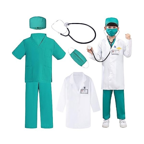 Cnexmin Deguisement Medecin Enfant Costume de Chirurgien Enfant avec Stéthoscope Blouse Blanche Docteur Jeu de Rôle pour Garç