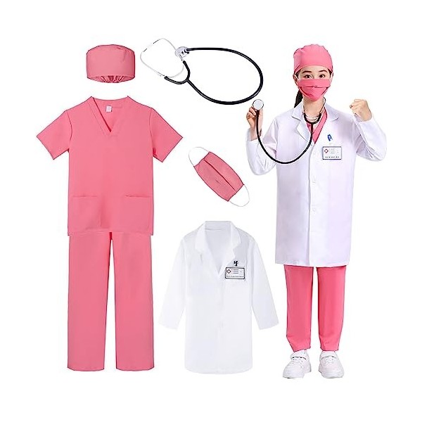 Cnexmin Deguisement Medecin Enfant Costume de Chirurgien Enfant avec Stéthoscope Blouse Blanche Docteur Jeu de Rôle pour Garç